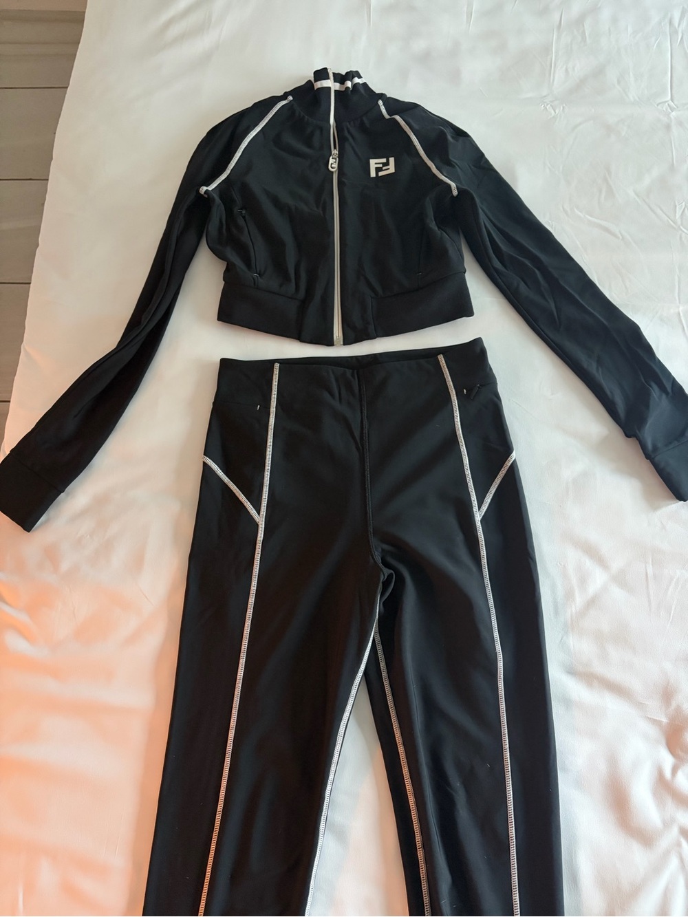 Fendi Black Athletic Leggings and Cropped Zip Jacket with White Piping